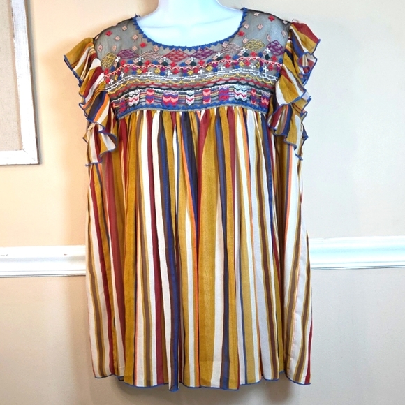 Christina Embroidered Mesh Top with Blue and Pink Accents - Picture 1 of 12